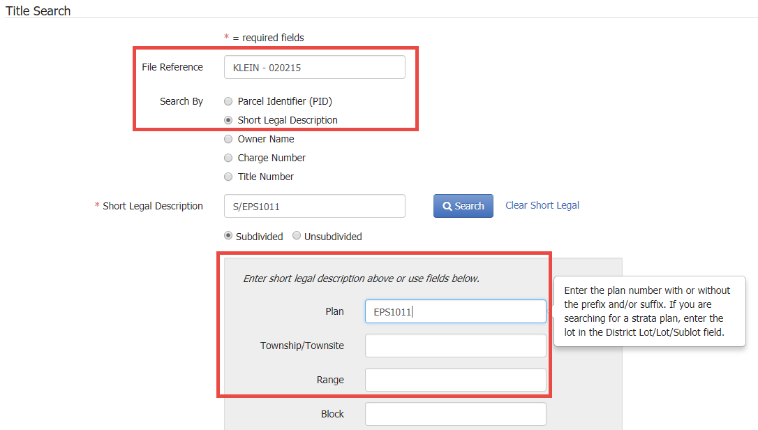 Title Search by Short Legal Description LTSA Help